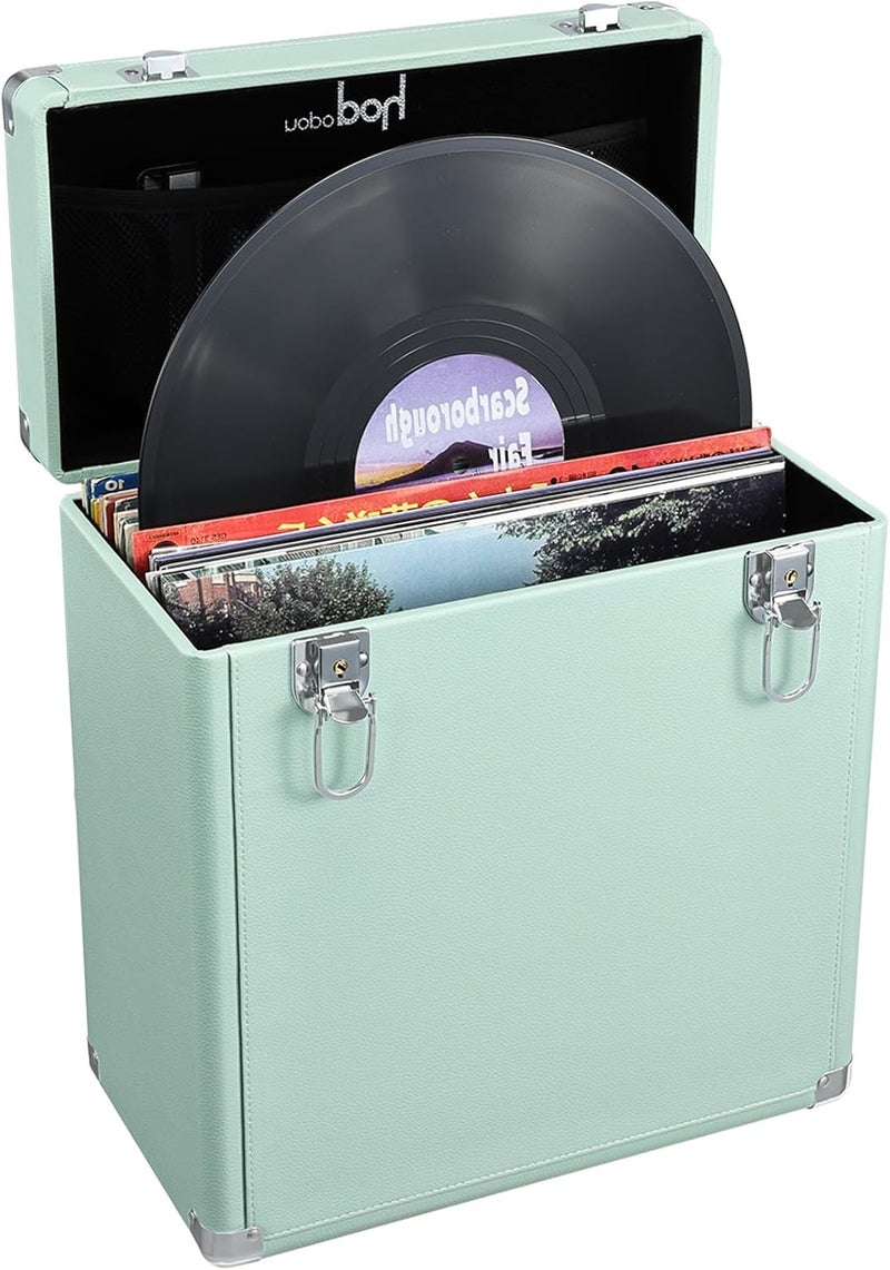 Hododou Vinyl Record Storage Box with Lock Record Organizer Storage for 30+ Single Records 12-inch Water Resistant Collapsible Storage Crate with Lid Handle Mesh Pouch for Valuable Album Collection - Image 1